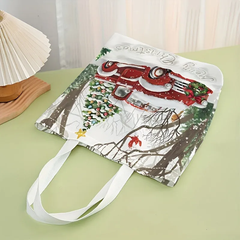 Christmas Tree & Car Print Canvas Tote Bag - Large Capacity, Reusable Shoulder Shopping & Beach Bag for Women