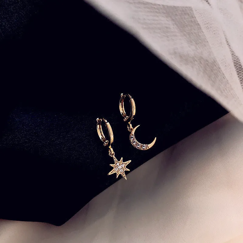 Classic Craftsmanship Full Diamond Star Moon Asymmetrical Earrings