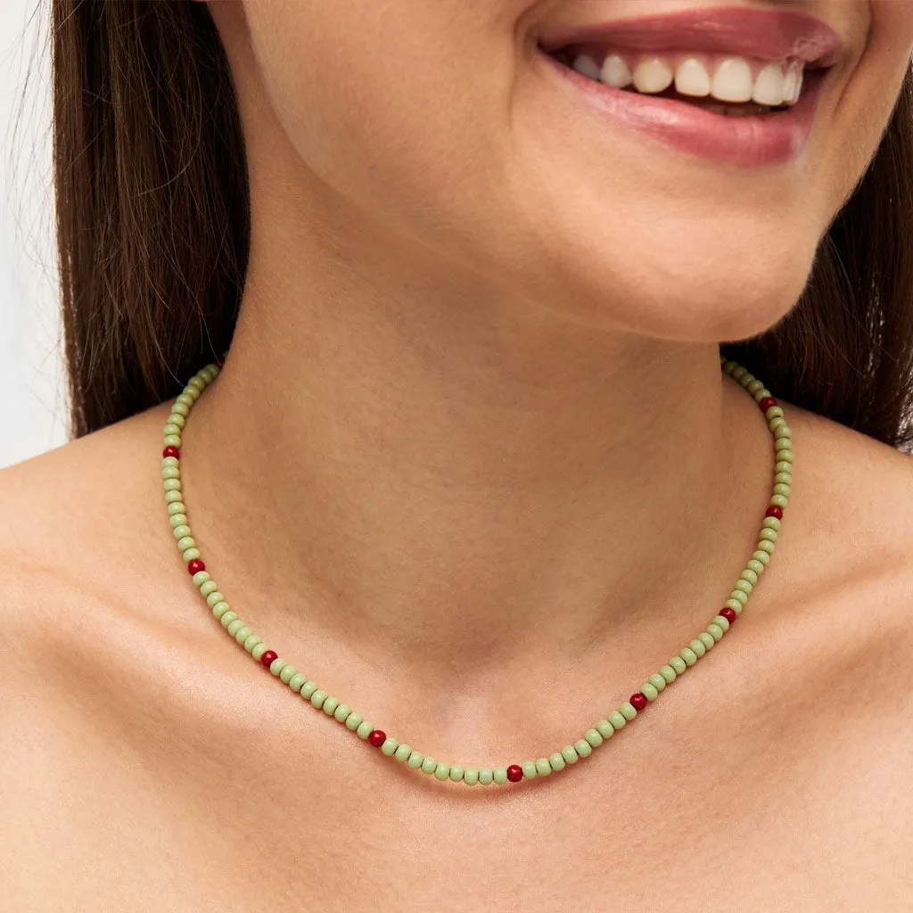 Color Ball Necklace Short - Silk Light Green/Passion Red