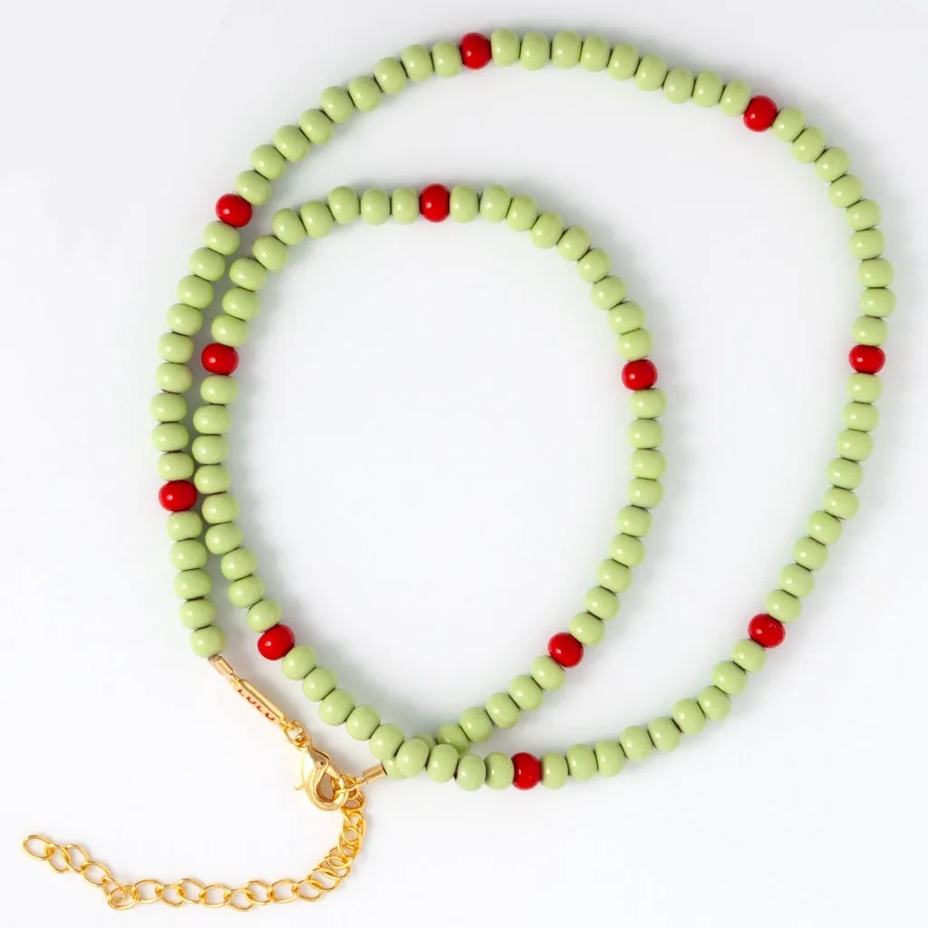 Color Ball Necklace Short - Silk Light Green/Passion Red