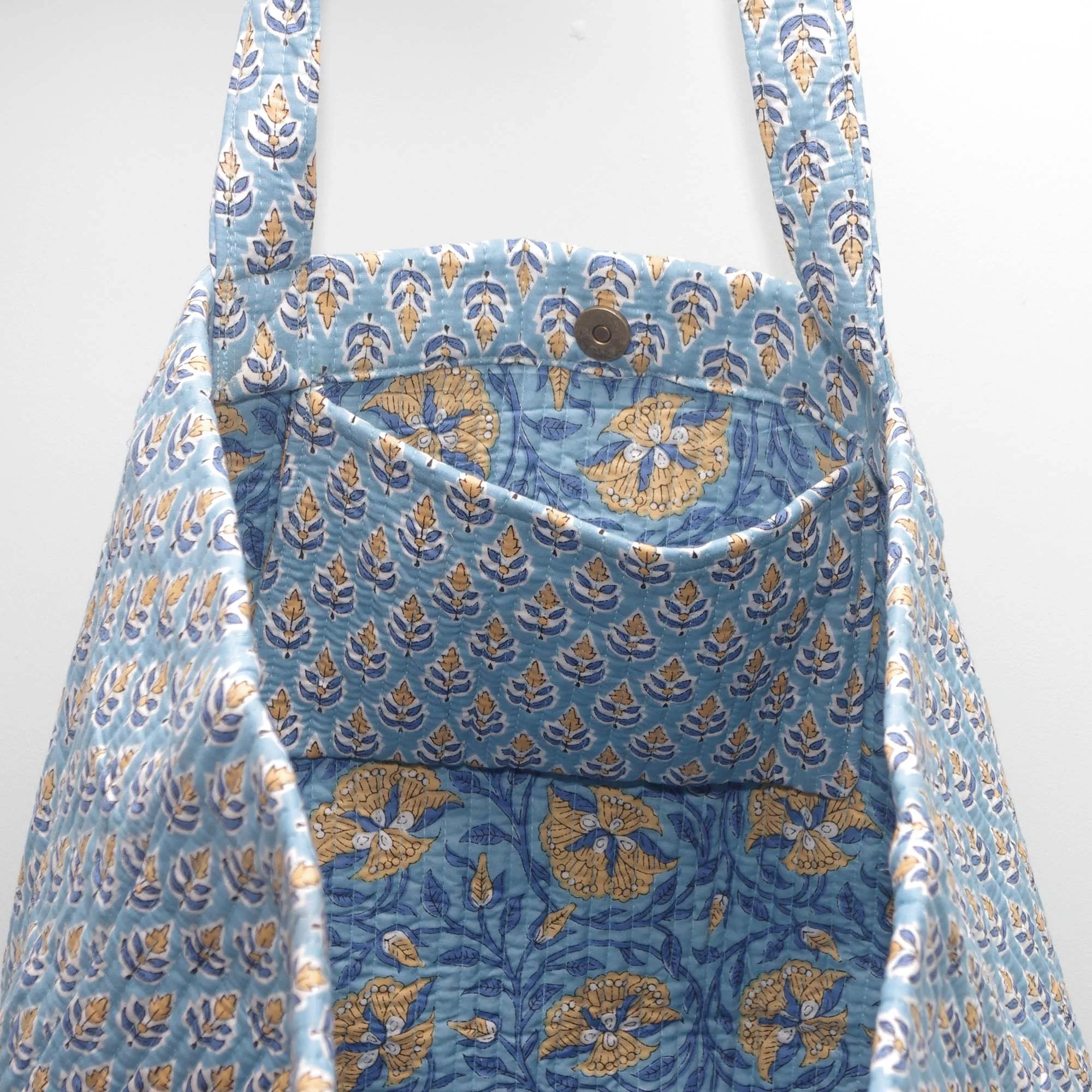 Cotton Quilted Large Shopping / Beach Bag - Blue Small Yellow Flowers