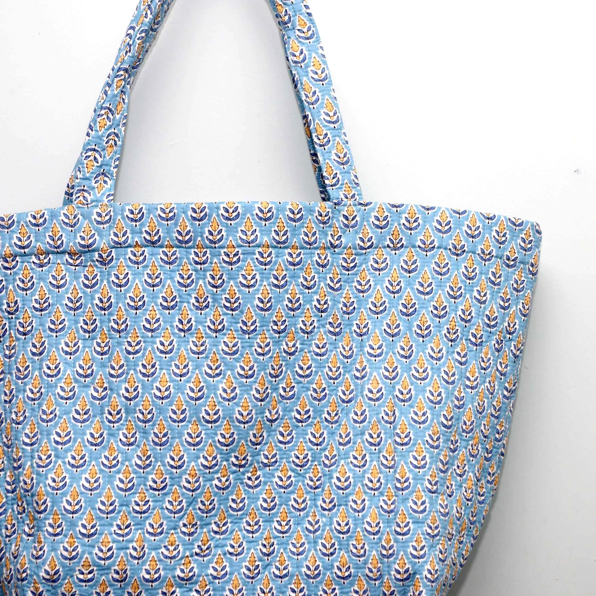 Cotton Quilted Large Shopping / Beach Bag - Blue Small Yellow Flowers
