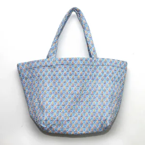 Cotton Quilted Large Shopping / Beach Bag - Blue Small Yellow Flowers