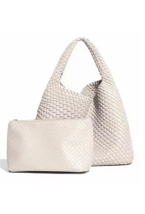 Cream Weave Two In One Shoulder Bag / Make Up Bag