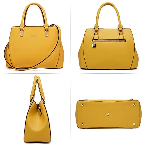 Designer 11'' Leather Satchel With Crossbody Strap-Yellow & Pink