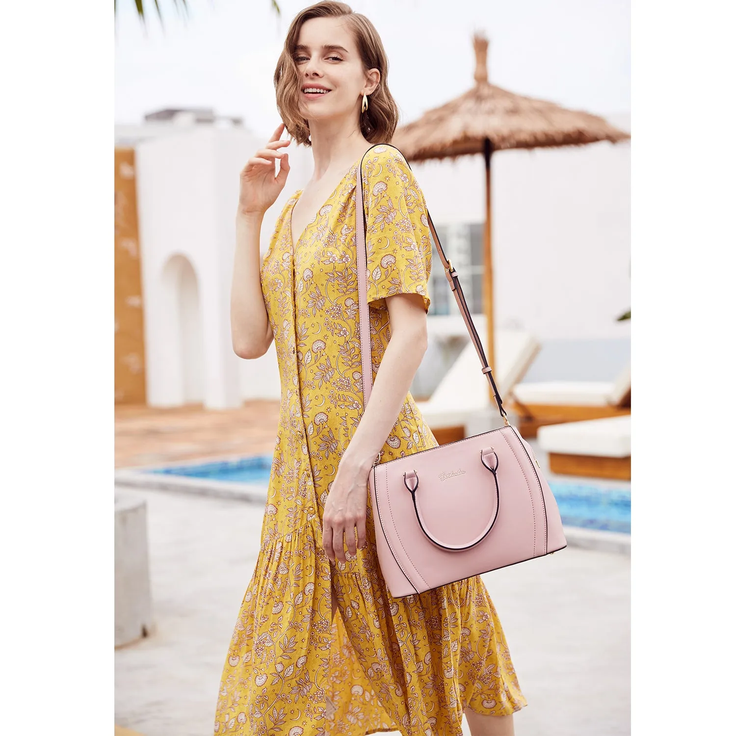 Designer 11'' Leather Satchel With Crossbody Strap-Yellow & Pink