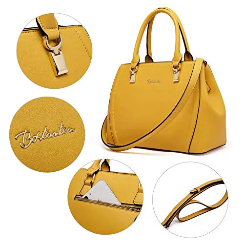 Designer 11'' Leather Satchel With Crossbody Strap-Yellow & Pink