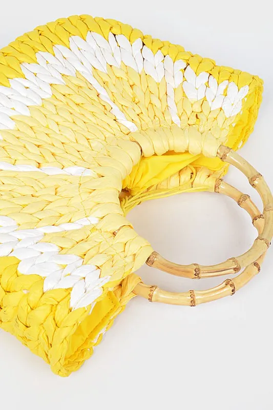 Faux Straw Lemon Yellow Bamboo Handle Summer Tote