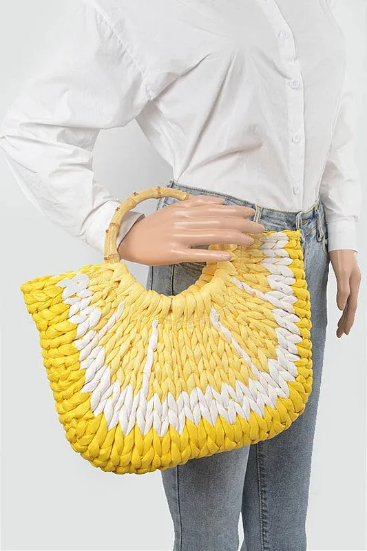 Faux Straw Lemon Yellow Bamboo Handle Summer Tote