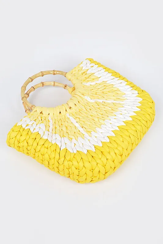 Faux Straw Lemon Yellow Bamboo Handle Summer Tote