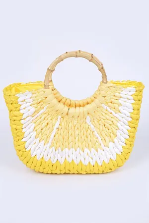 Faux Straw Lemon Yellow Bamboo Handle Summer Tote