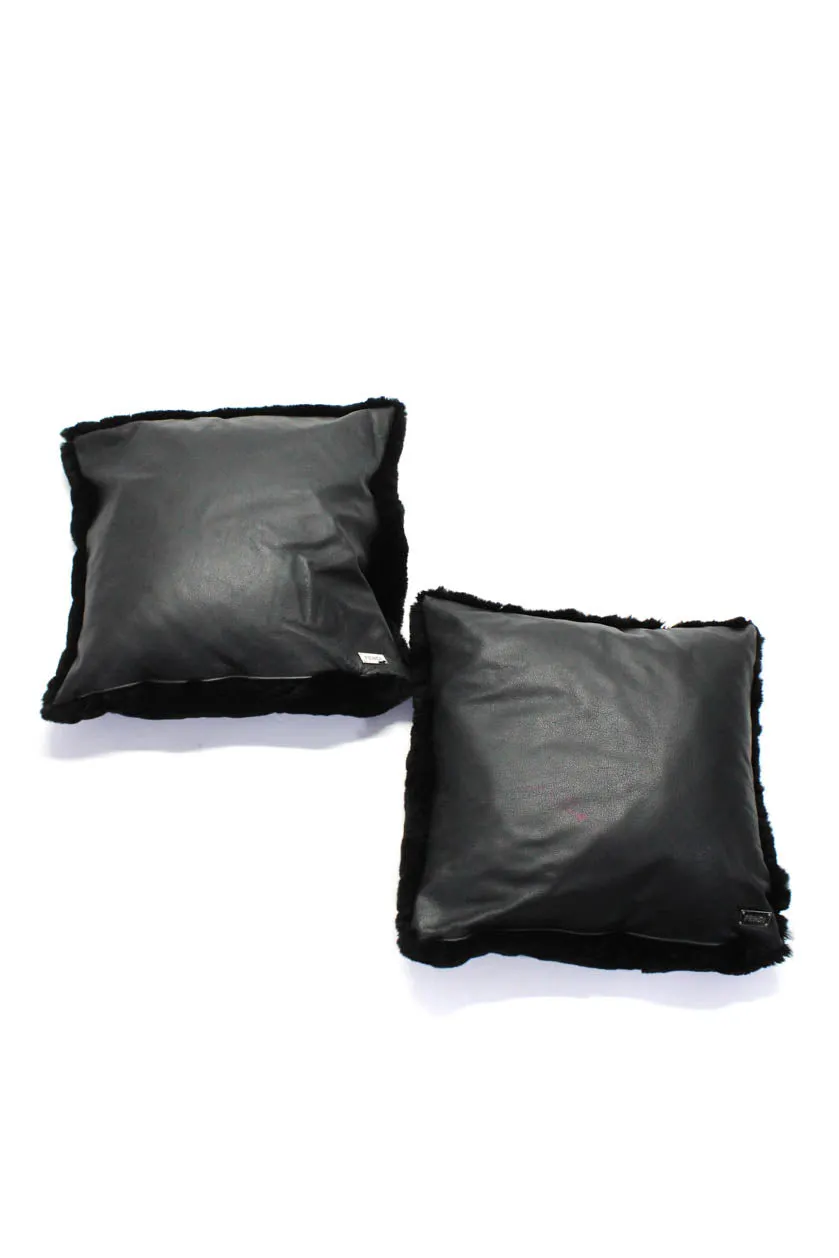 Fendi Black Leather Rabbit Fur Logo Set Of Two Throw Pillows 18"x18"