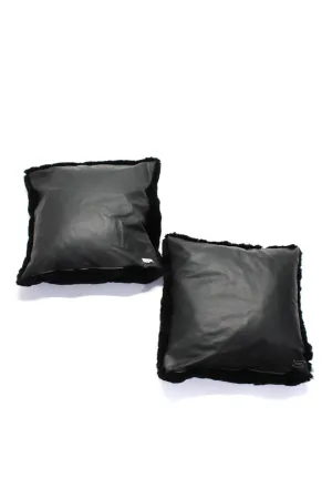 Fendi Black Leather Rabbit Fur Logo Set Of Two Throw Pillows 18"x18"