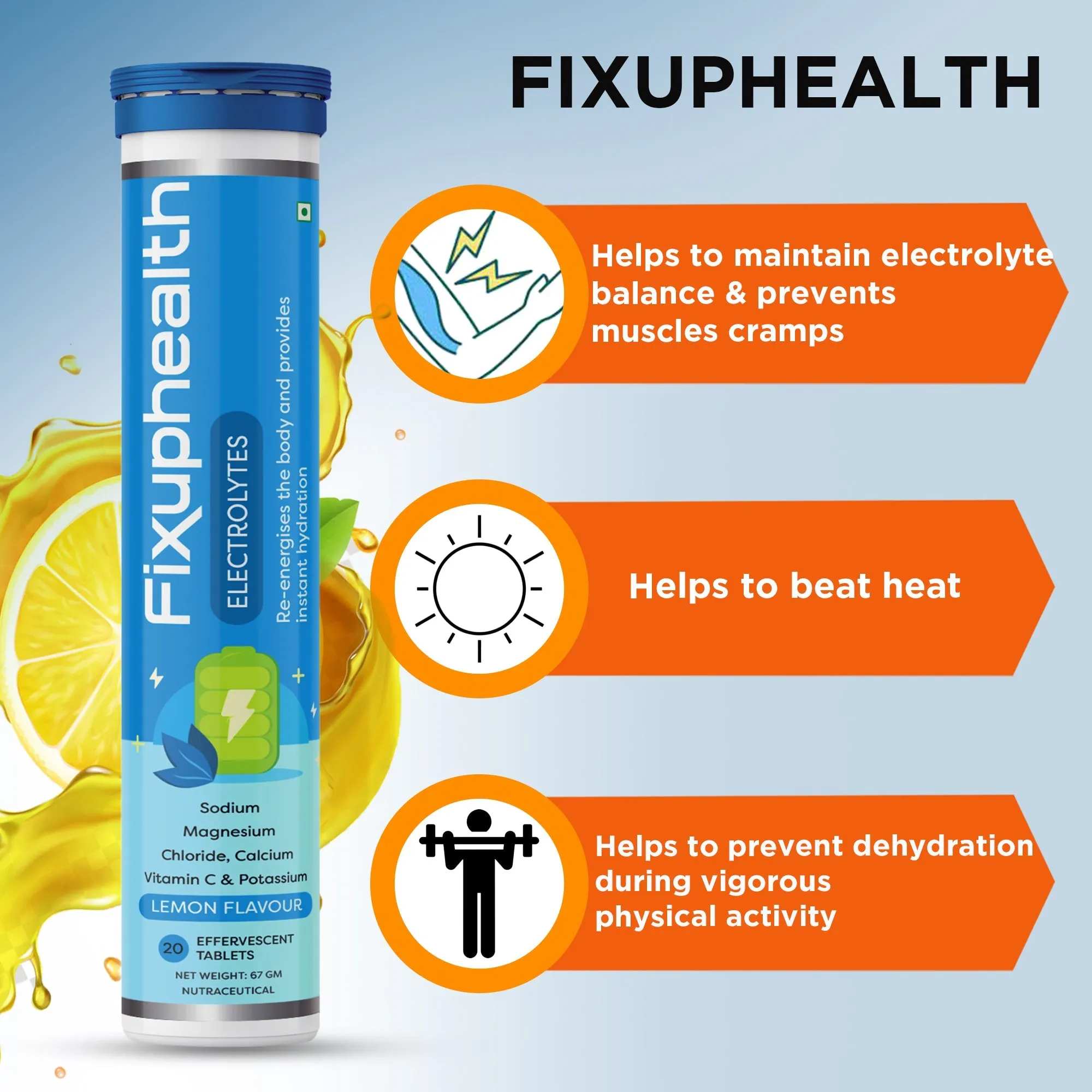 Fixuphealth Electrolytes Tablets Containing Sodium Magnesium, Calcium Chloride and Vitamin C Effervescent Tablets Lemon Flavour Pack of 6 20 tablets each pack Useful for Great source of minerals