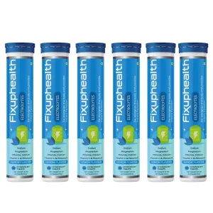 Fixuphealth Electrolytes Tablets Containing Sodium Magnesium, Calcium Chloride and Vitamin C Effervescent Tablets Lemon Flavour Pack of 6 20 tablets each pack Useful for Great source of minerals