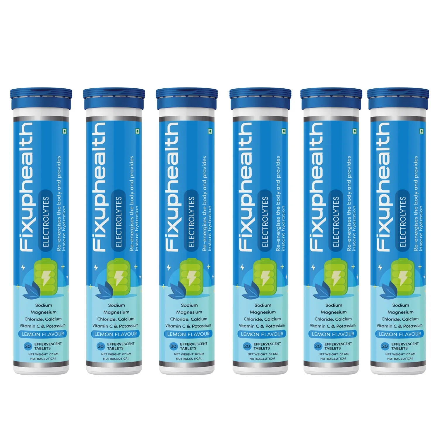 Fixuphealth Electrolytes Tablets Containing Sodium Magnesium, Calcium Chloride and Vitamin C Effervescent Tablets Lemon Flavour Pack of 6 20 tablets each pack Useful for Great source of minerals