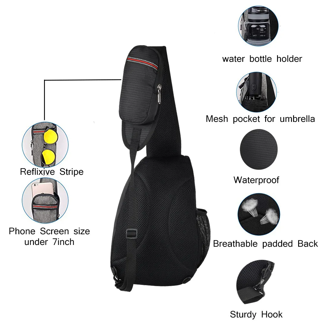 Fly Fashion Nylon Cross Body Chest Sling Bags for Mens & Womens Stylish Sling Shoulder Bag Compact Outdoor Crossbody Messenger Backpack- Black