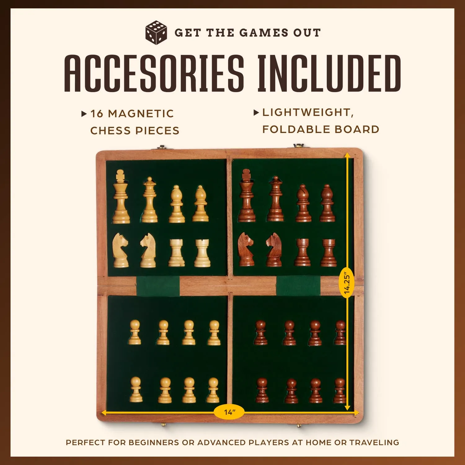 Get The Games Out Travel Chess Set | Handcrafted Large Wooden Board, Magnetic Felted Pieces, Portable, Foldable and Easy Storage | Board Game Gift Set for Kids and Adults | 14 x 14.25 Inches (Brown)