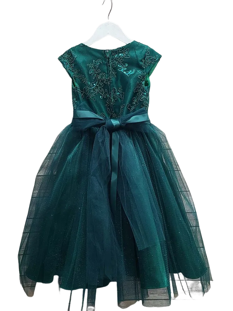 Girls Hunter Green Embroidered Bodice Crystal Belt Gown 2-16