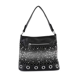 Glamorous Rhinestone Hobo Handbag in Black – Chic Faux-Leather Shoulder Bag with Sparkling Detail