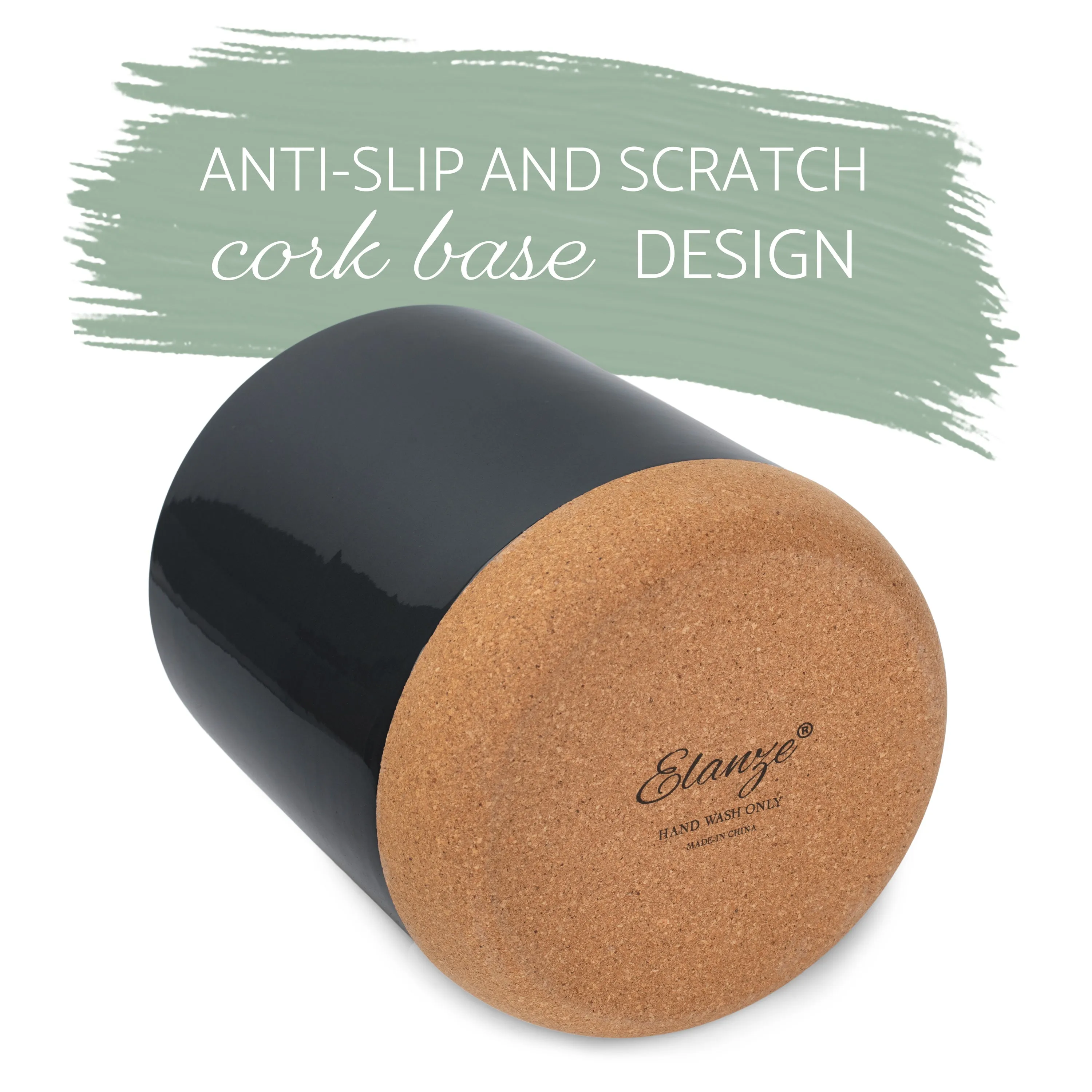 Glossy X-Large Ceramic Stoneware Cork Bottom Kitchen Utensil Holder, Black