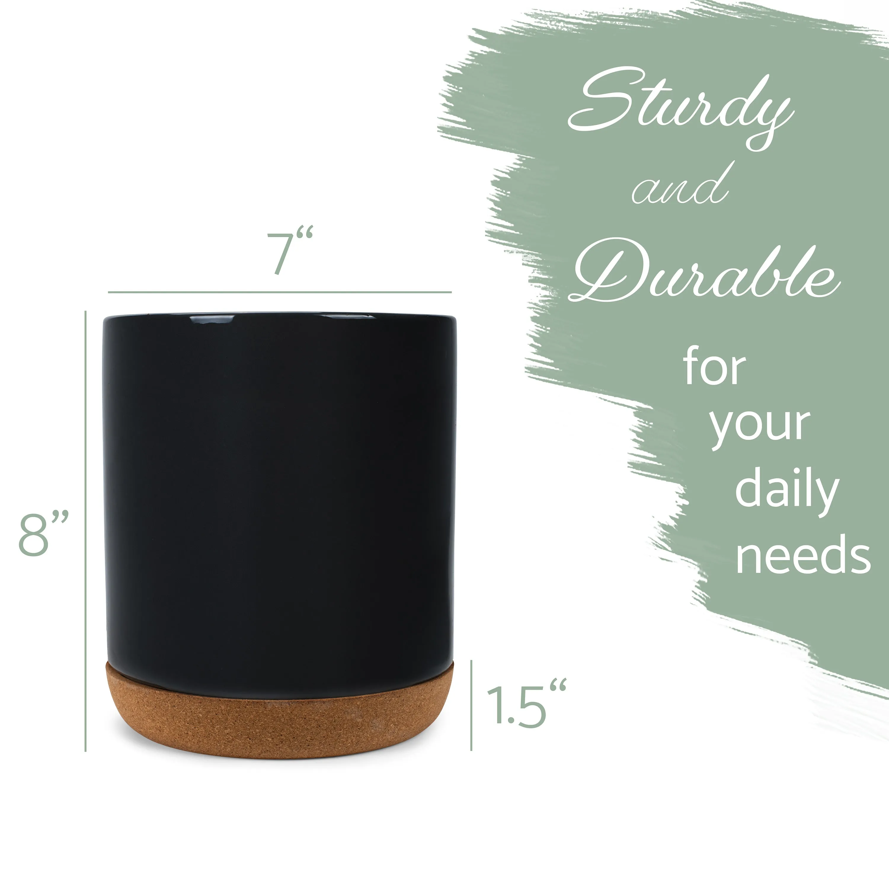 Glossy X-Large Ceramic Stoneware Cork Bottom Kitchen Utensil Holder, Black