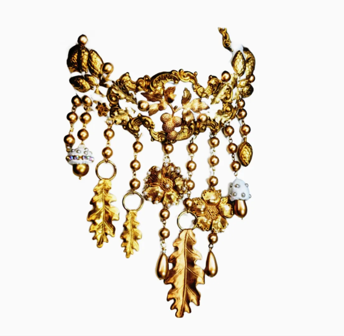 Gold White Fall Bridal Statement Necklace One of a Kind Sugar Gay Isber Brass Leaves Acorns Mushrooms   
