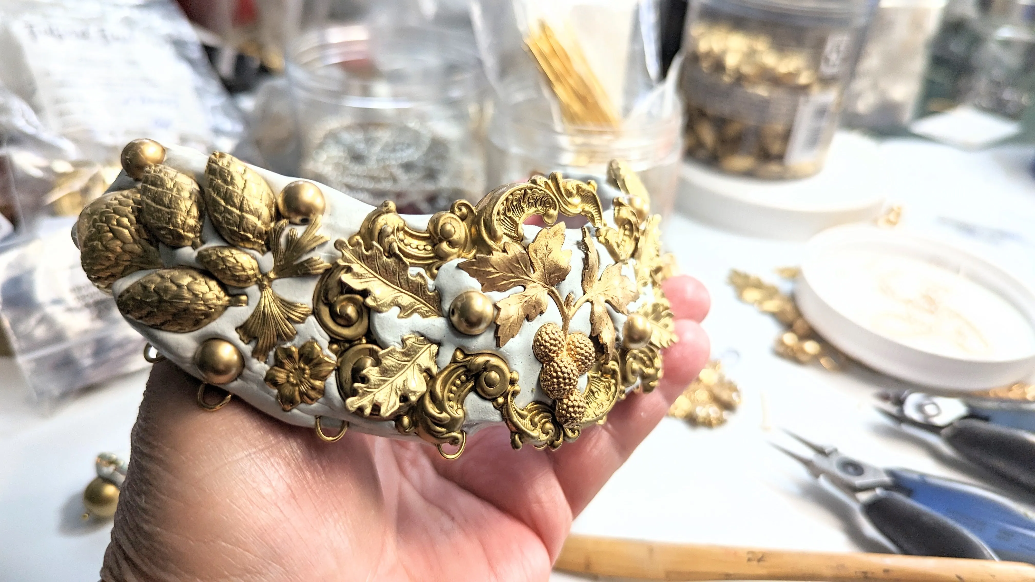 Gold White Fall Bridal Statement Necklace One of a Kind Sugar Gay Isber Brass Leaves Acorns Mushrooms   