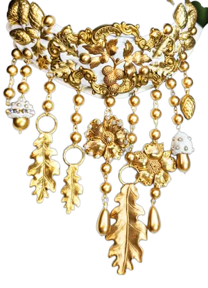 Gold White Fall Bridal Statement Necklace One of a Kind Sugar Gay Isber Brass Leaves Acorns Mushrooms   