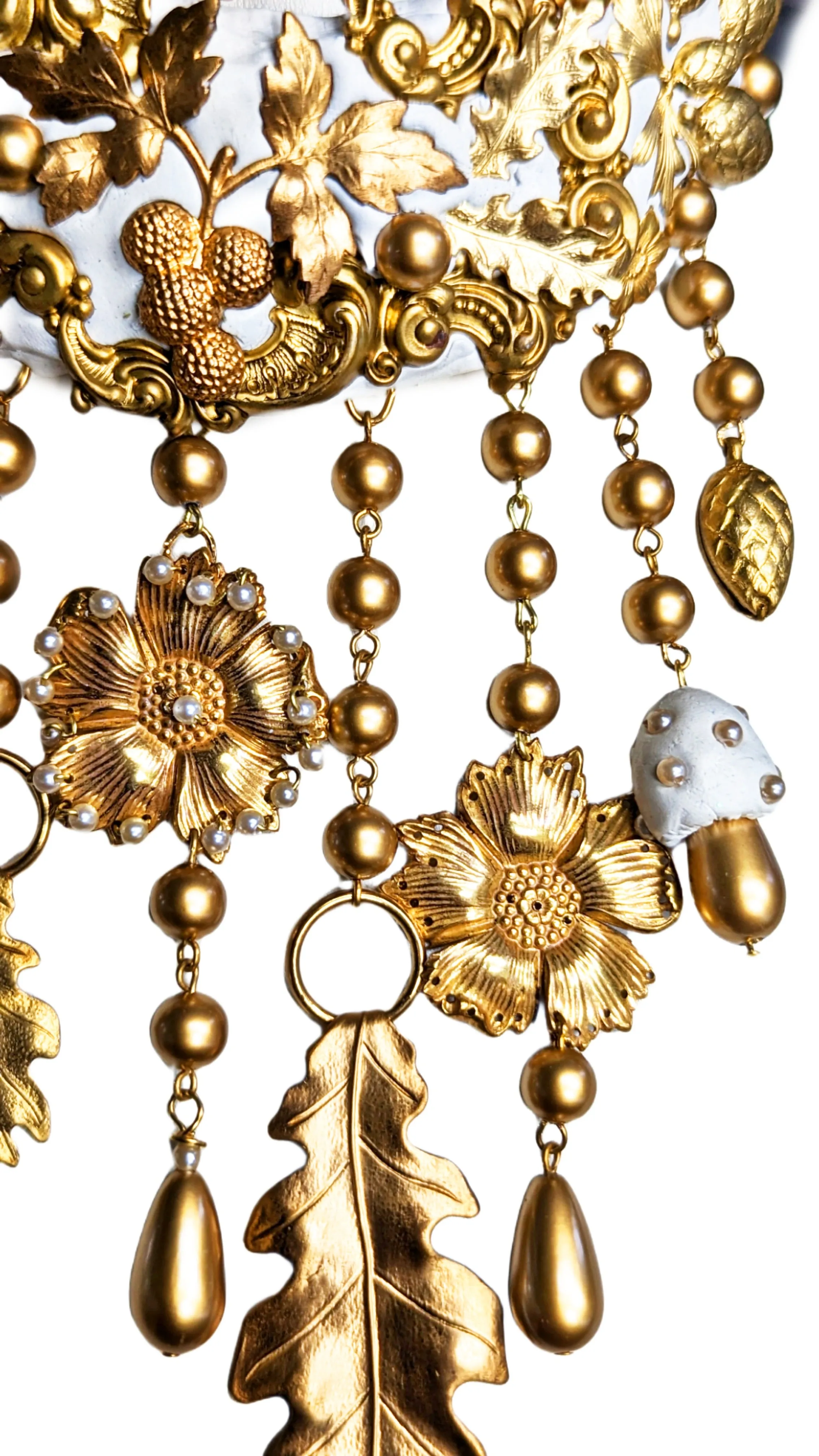 Gold White Fall Bridal Statement Necklace One of a Kind Sugar Gay Isber Brass Leaves Acorns Mushrooms   