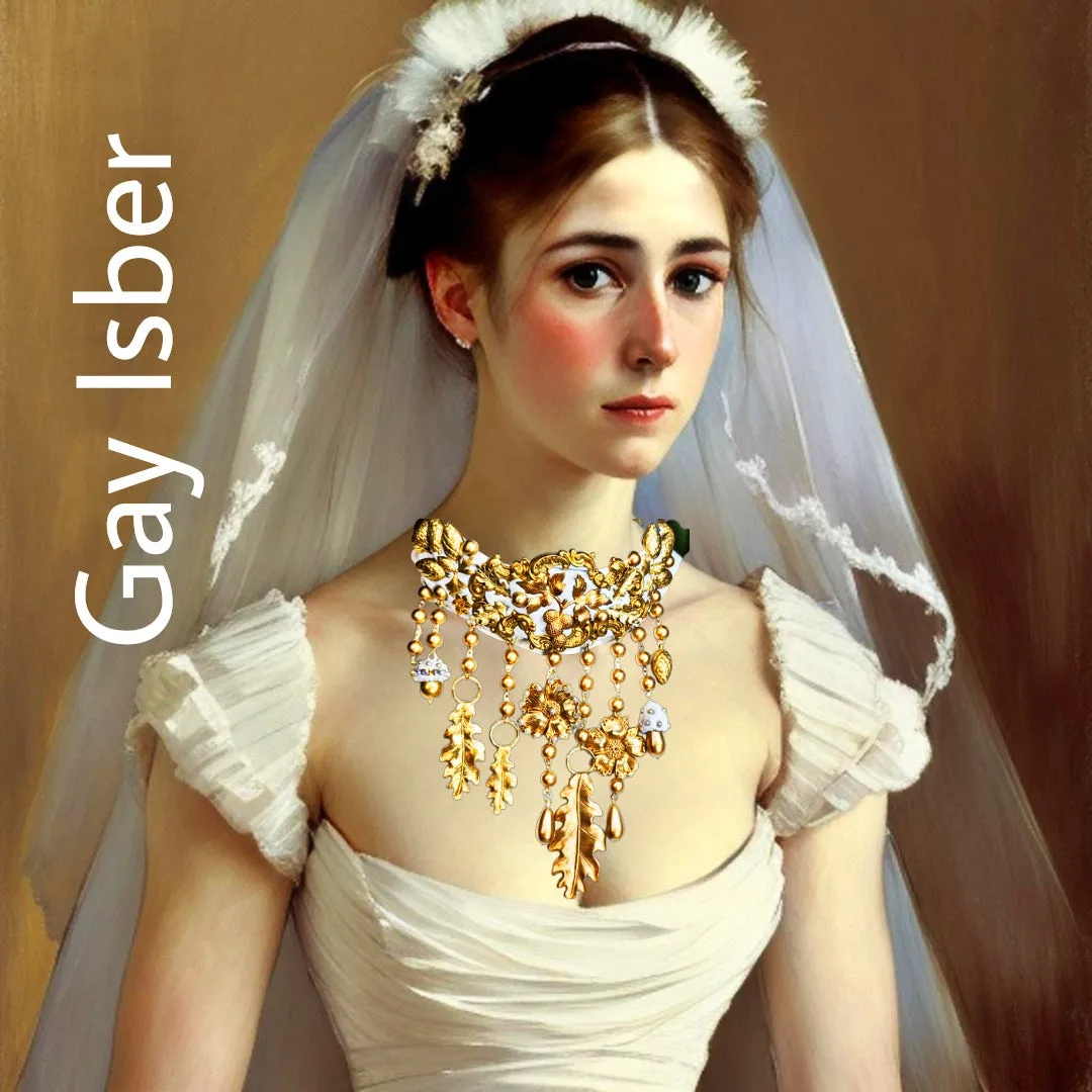 Gold White Fall Bridal Statement Necklace One of a Kind Sugar Gay Isber Brass Leaves Acorns Mushrooms   