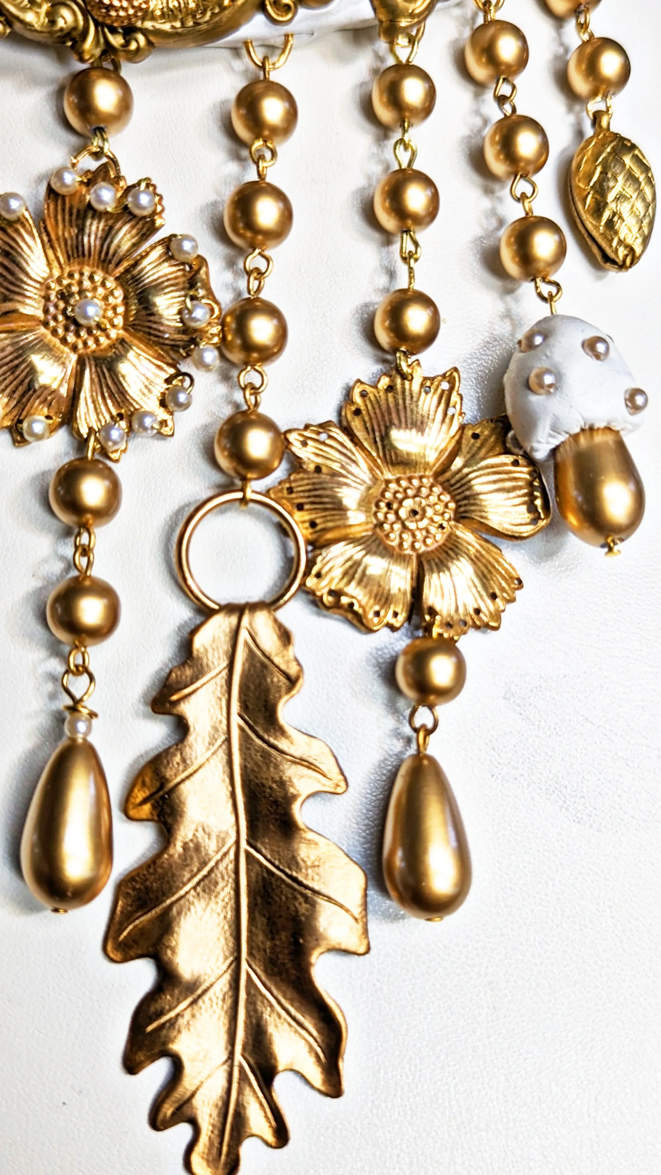 Gold White Fall Bridal Statement Necklace One of a Kind Sugar Gay Isber Brass Leaves Acorns Mushrooms   
