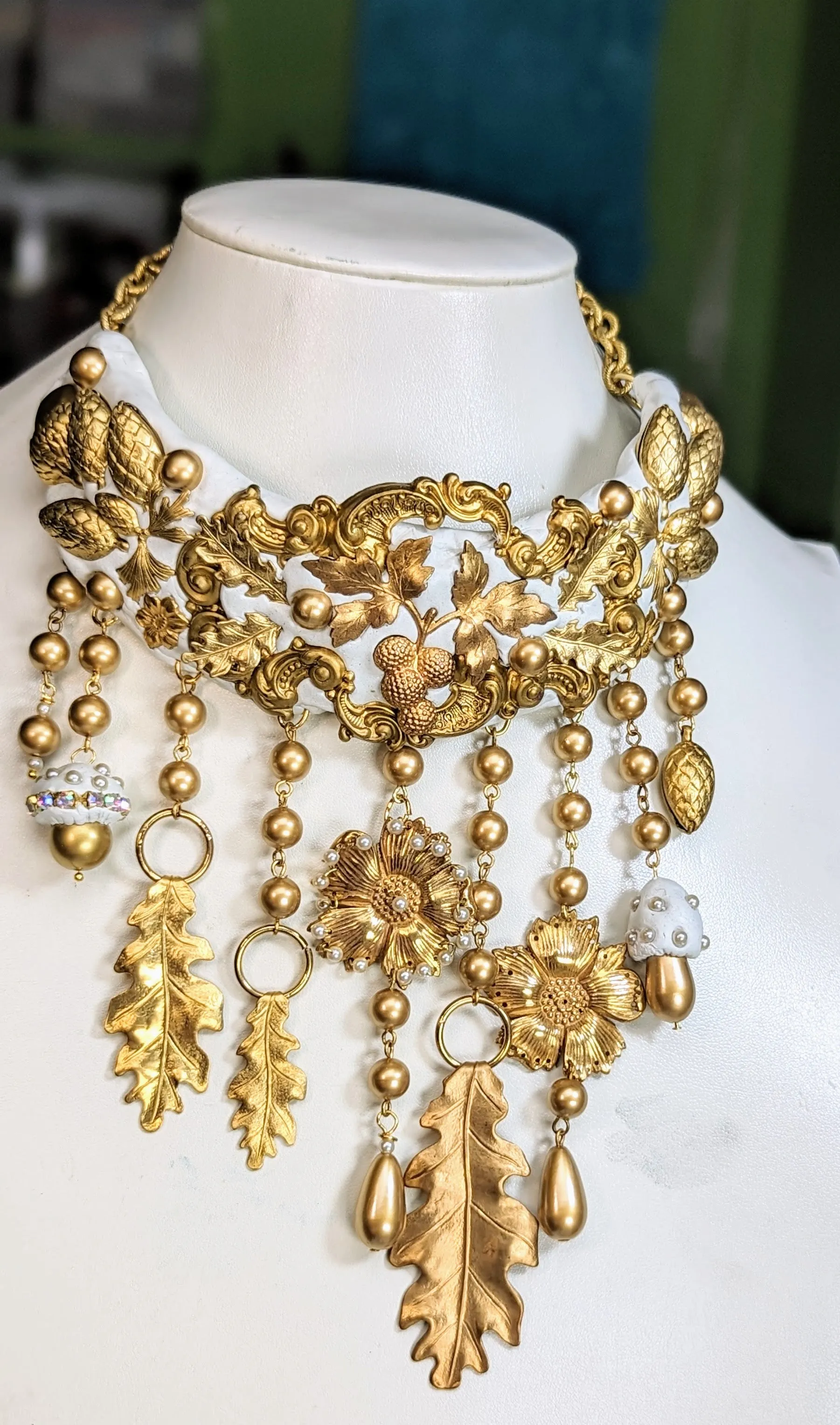 Gold White Fall Bridal Statement Necklace One of a Kind Sugar Gay Isber Brass Leaves Acorns Mushrooms   
