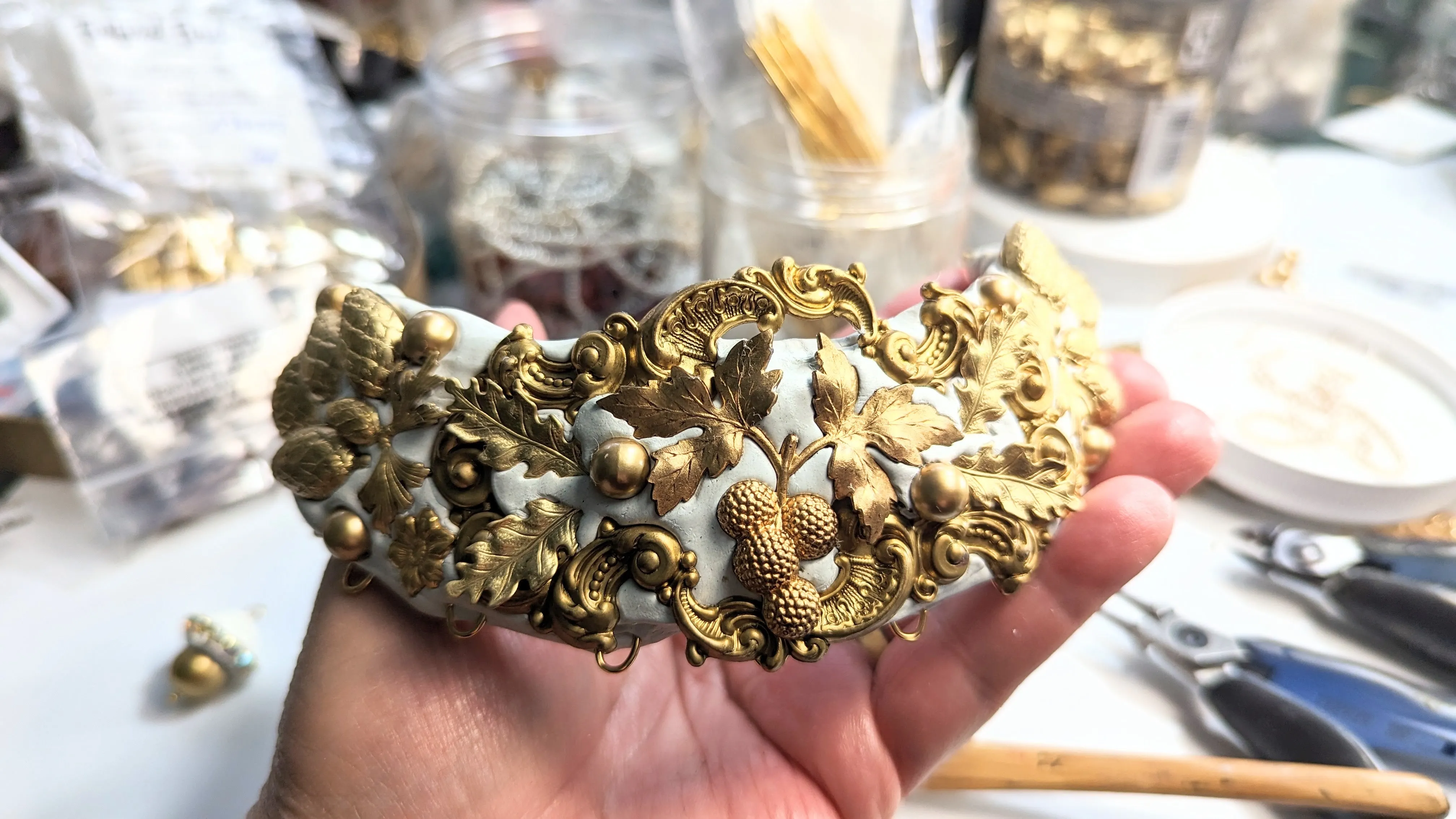 Gold White Fall Bridal Statement Necklace One of a Kind Sugar Gay Isber Brass Leaves Acorns Mushrooms   