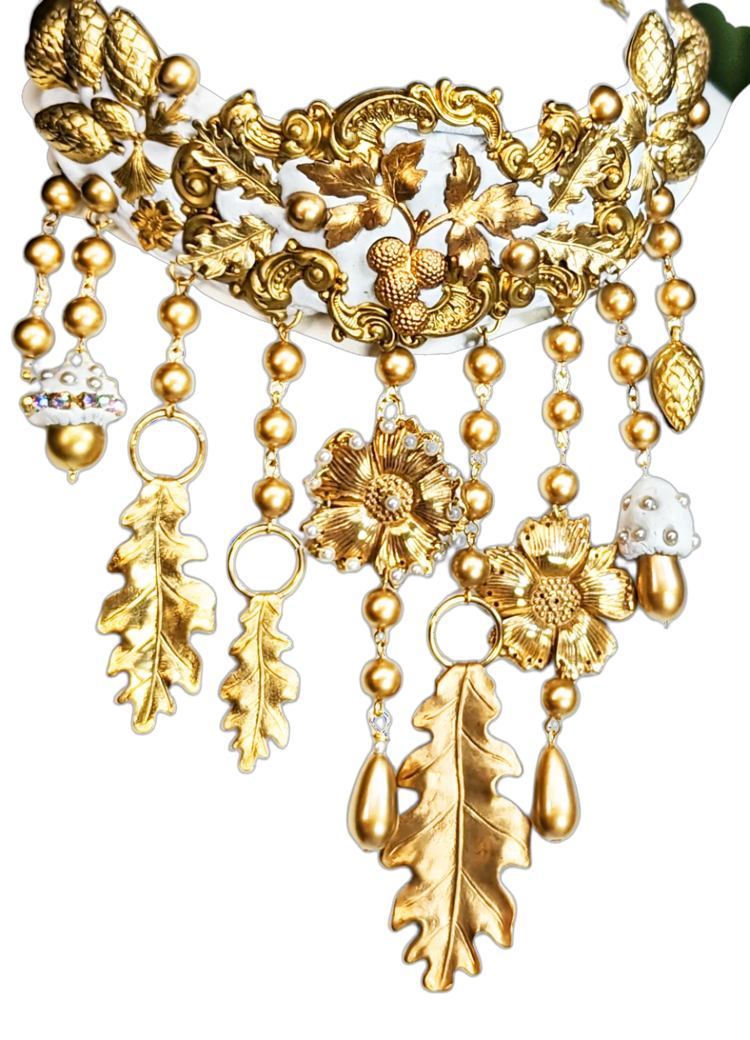 Gold White Fall Bridal Statement Necklace One of a Kind Sugar Gay Isber Brass Leaves Acorns Mushrooms   