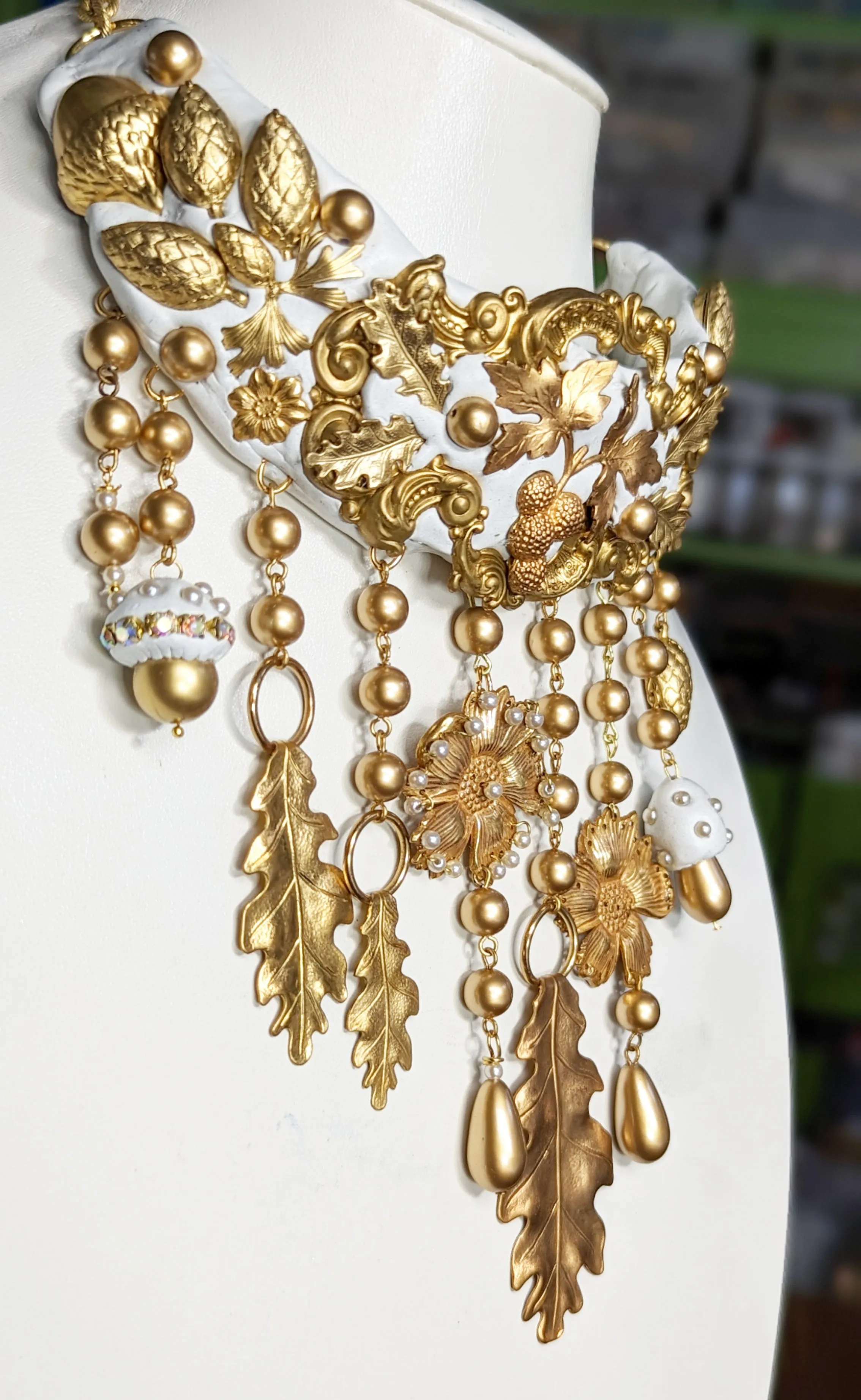 Gold White Fall Bridal Statement Necklace One of a Kind Sugar Gay Isber Brass Leaves Acorns Mushrooms   