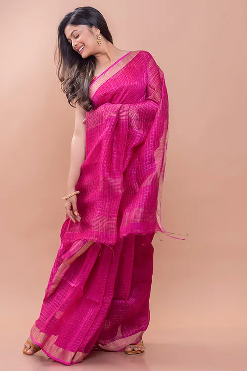 Graceful Elegance. Soft Bengal Handwoven Linen Silk Zari Sari - Magenta & Silver