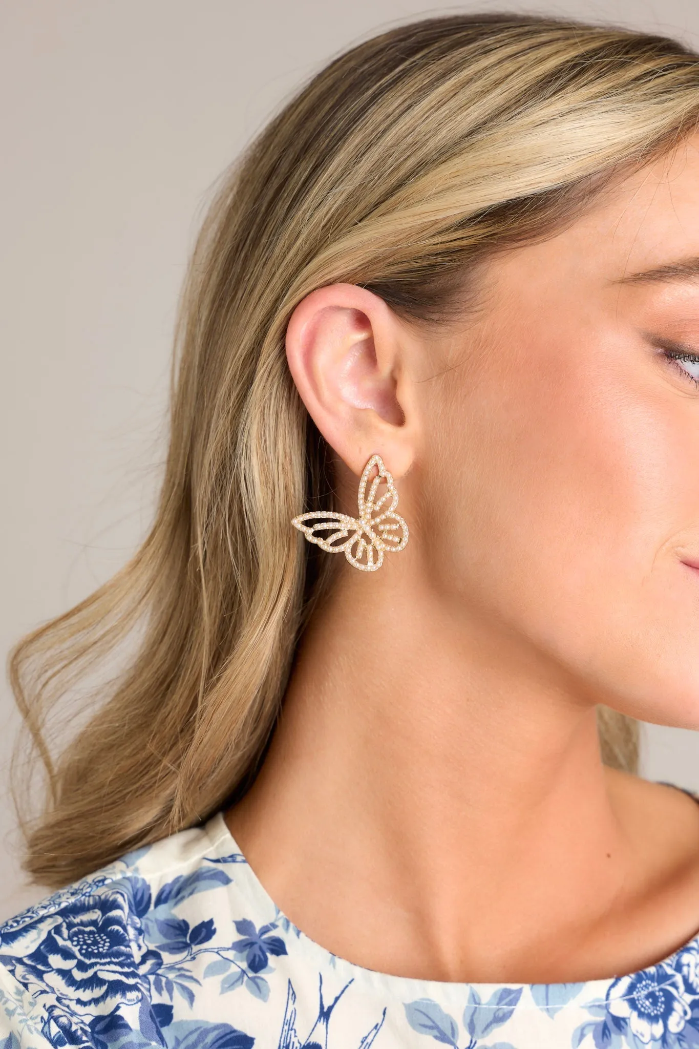 Graceful Flutter Gold Pearl Butterfly Earrings