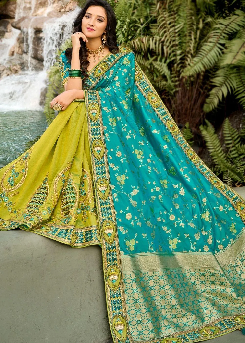 Green and Blue Half N Half Silk Saree with Embroidered work | Stitched Blouse