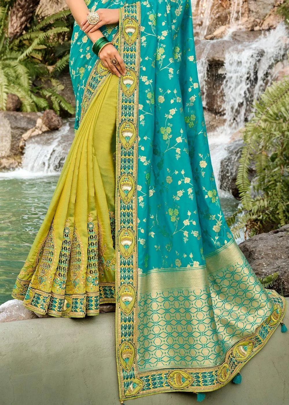 Green and Blue Half N Half Silk Saree with Embroidered work | Stitched Blouse