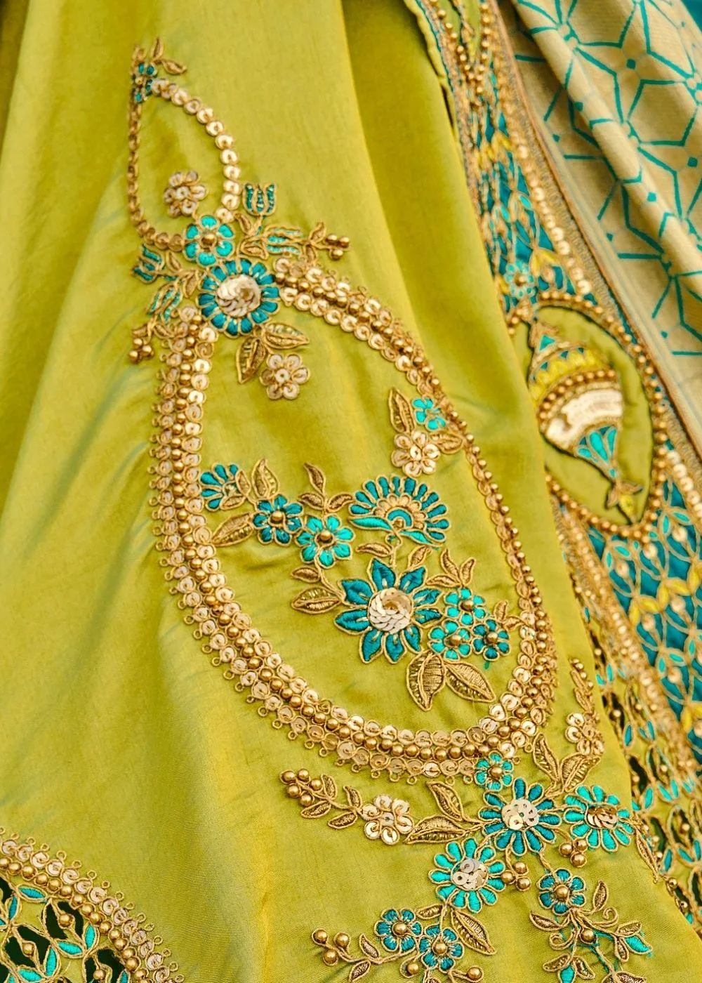 Green and Blue Half N Half Silk Saree with Embroidered work | Stitched Blouse