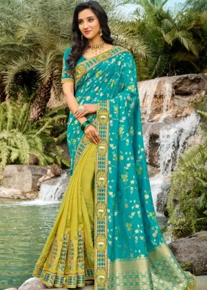 Green and Blue Half N Half Silk Saree with Embroidered work | Stitched Blouse