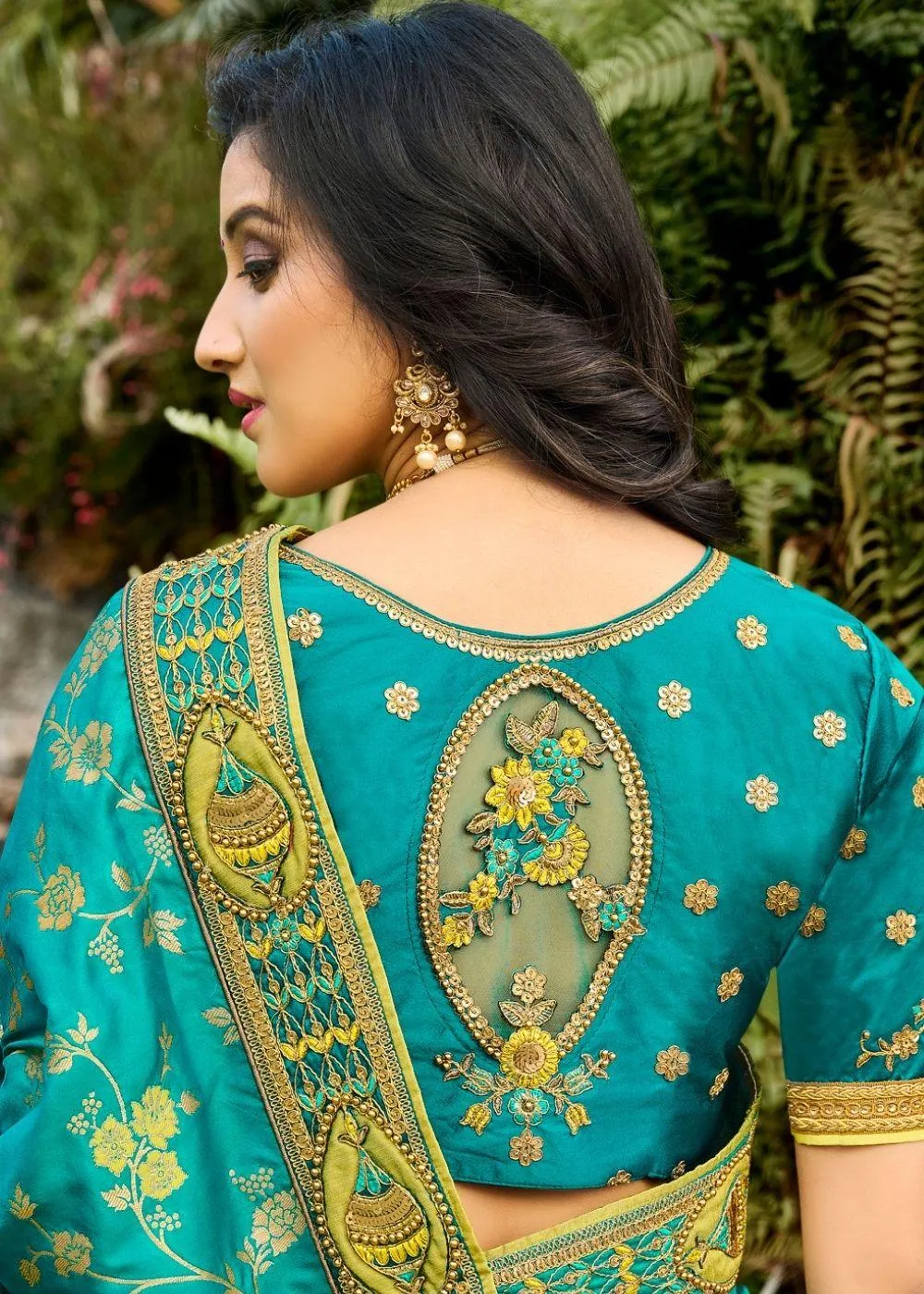 Green and Blue Half N Half Silk Saree with Embroidered work | Stitched Blouse