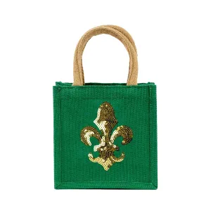 Green and Gold Sequin Fleur-de-Lis Petite Gift Bag