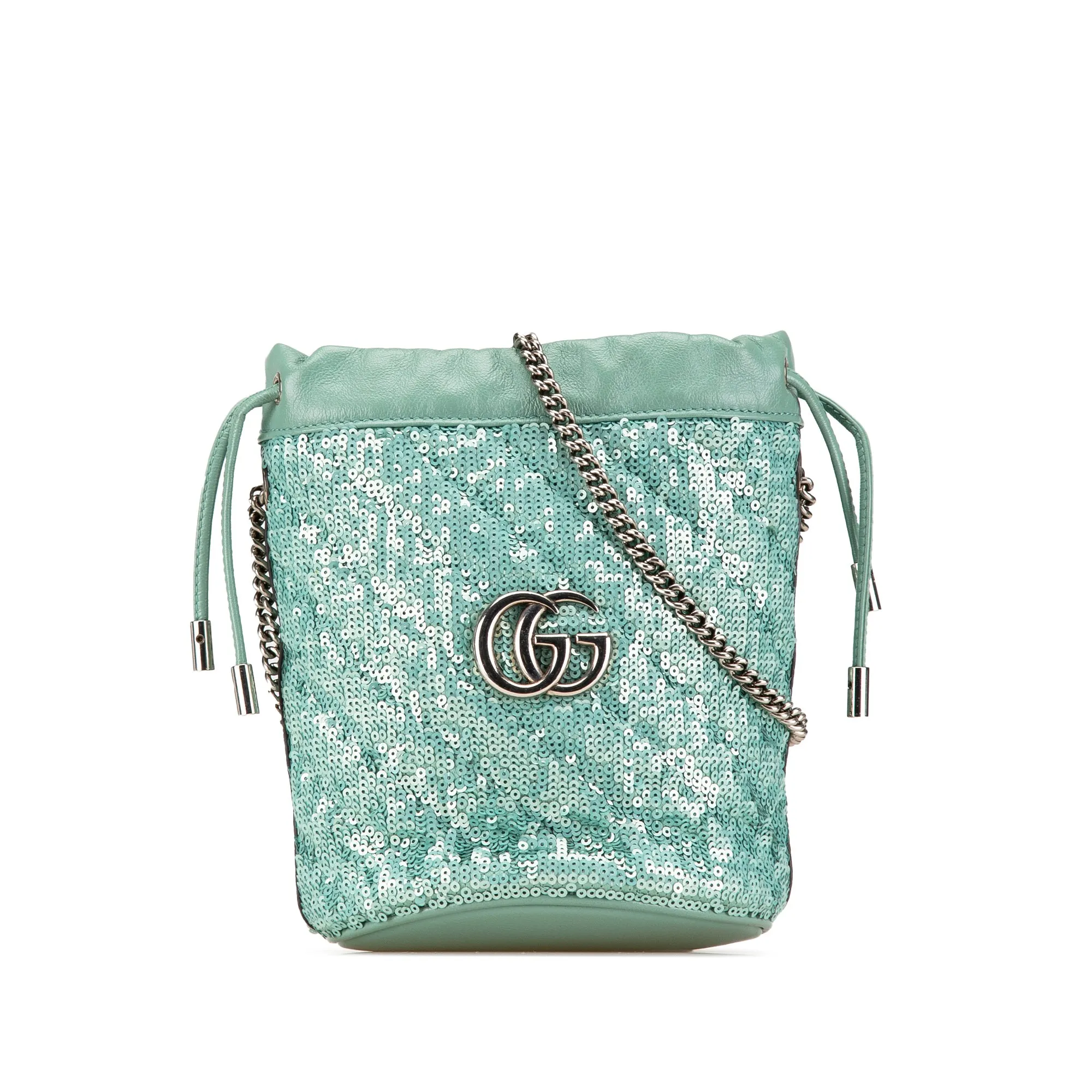 Green Gucci Mini GG Marmont Diagonal Matelasse Sequined 2.0 Bucket Bag