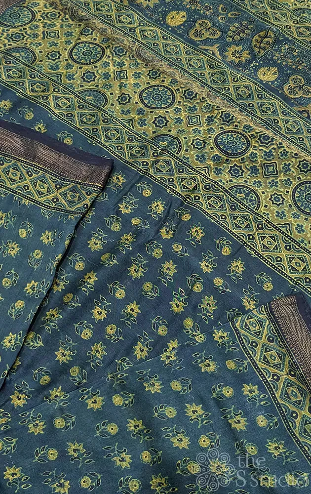 Green maheshwari cotton silk saree with mustard block prints