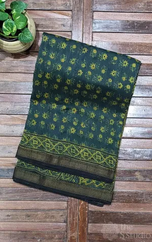 Green maheshwari cotton silk saree with mustard block prints