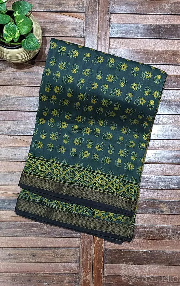 Green maheshwari cotton silk saree with mustard block prints