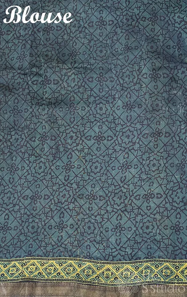 Green maheshwari cotton silk saree with mustard block prints
