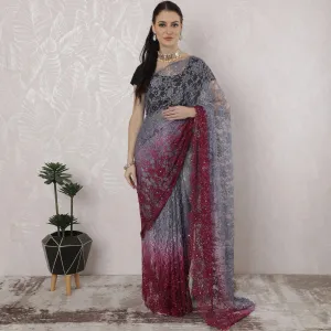 Grey to Magenta pink Premium Pure French chantilly lace saree having stone work in Ombre design-D16386
